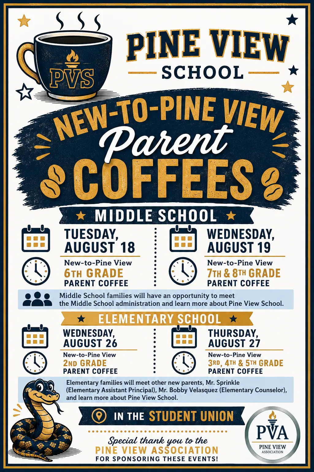 New to Pine View Coffee Meetups. 2026 dates: 6th Grade Tuesday, August 18; 7th and 8th Grade Wednesday, August 19; 2nd Grade Wednesday, August 26; 3rd, 4th, and 5th Grade Thursday, August 27. All events 9:30 to 10:30 a.m. in the Student Union.