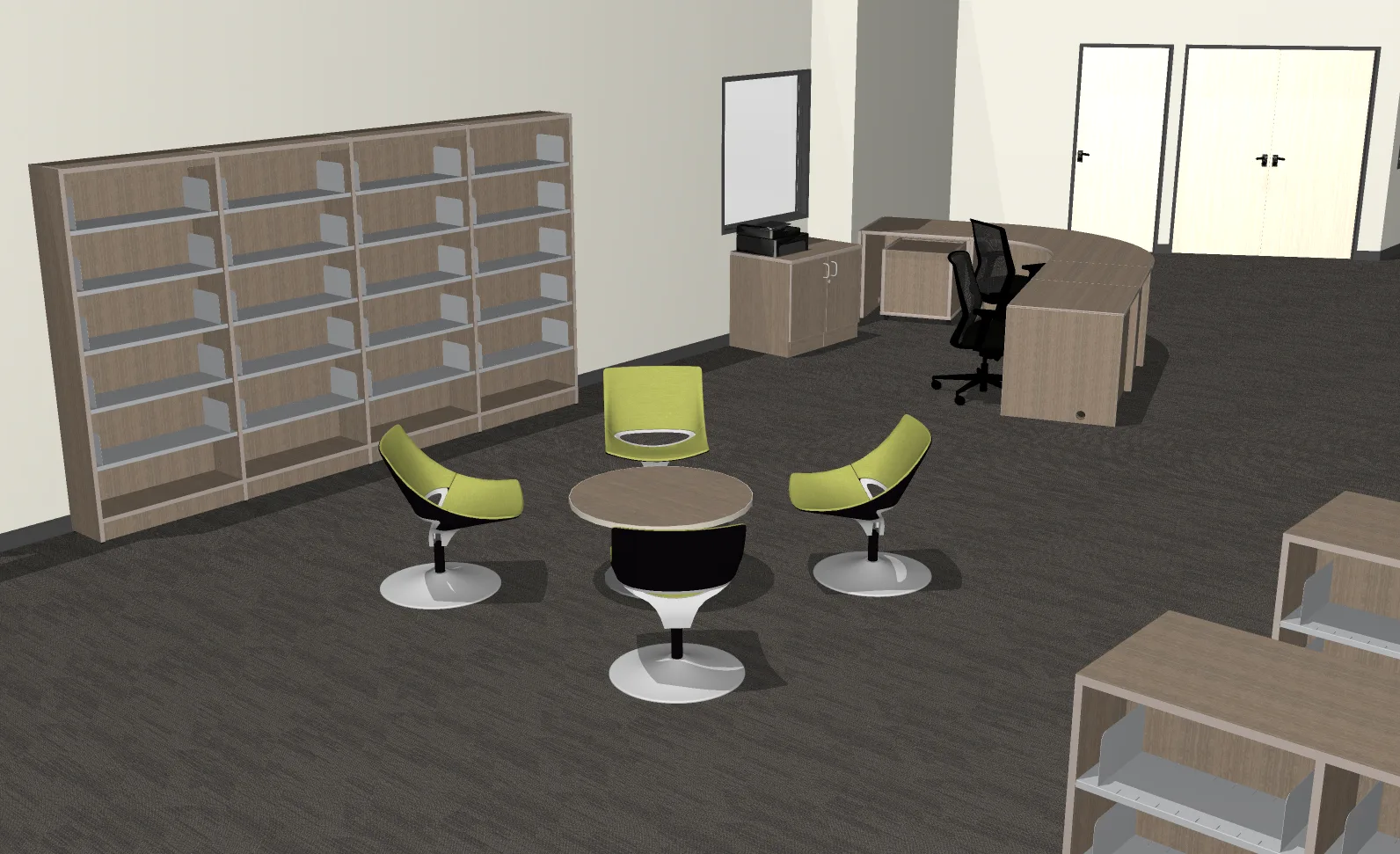 A comfortable lounge beside the librarian workspace
