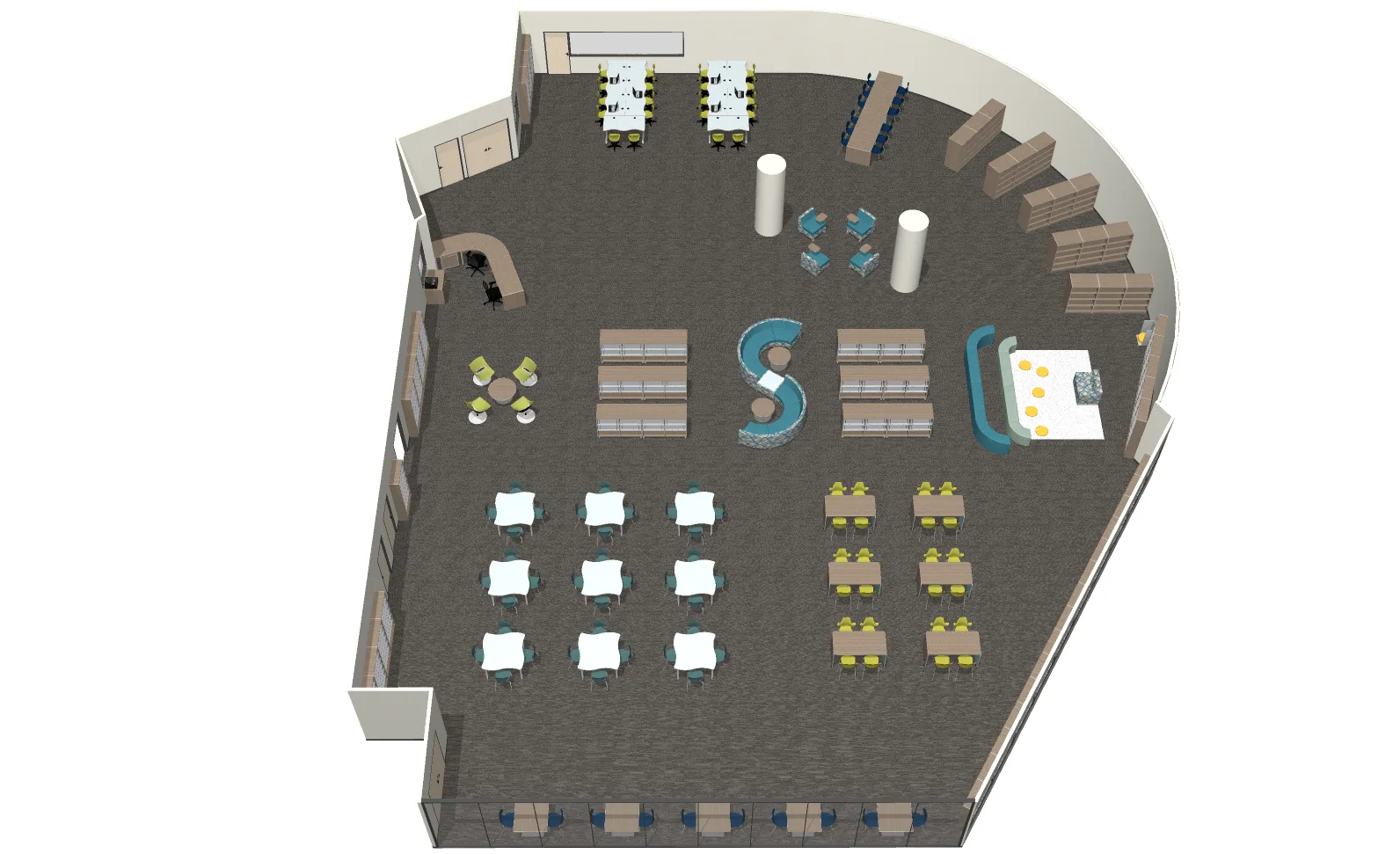 Aerial rendering of the reimagined Pine View media center, showing flexible seating, collaboration tables, book stacks, and a curved reading lounge.