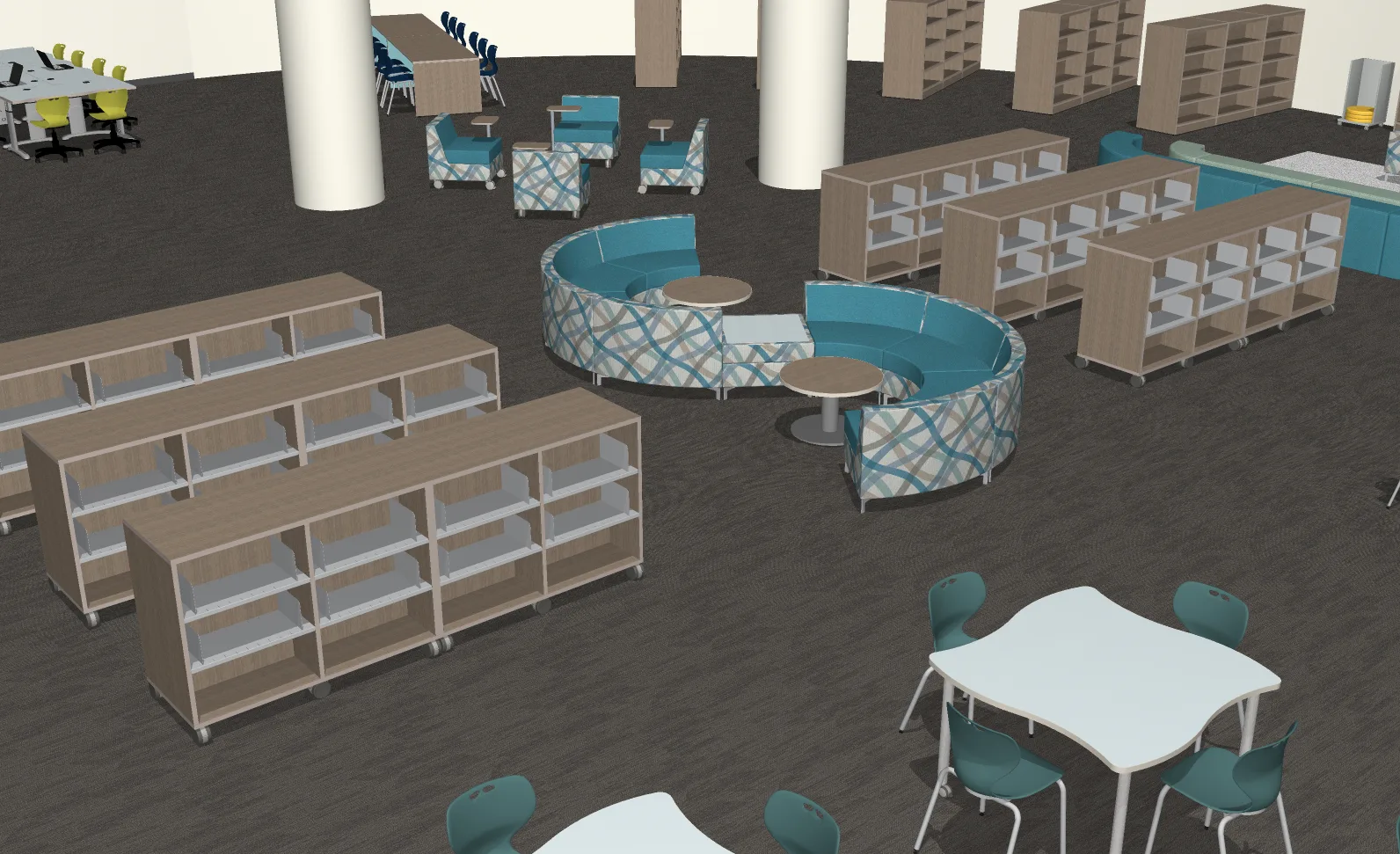 Book stacks wrapped around a curved reading lounge